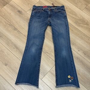 AG Adriano Goldschmied Blue Flare Jeans with Floral embroidered Detail. 27R